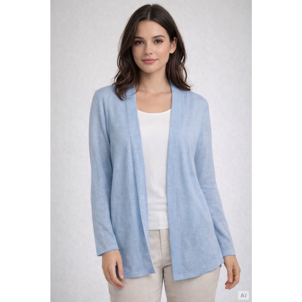 Eileen Fisher Blue open 100% Linen Cardigan Lightweight Longline L Scandinavian